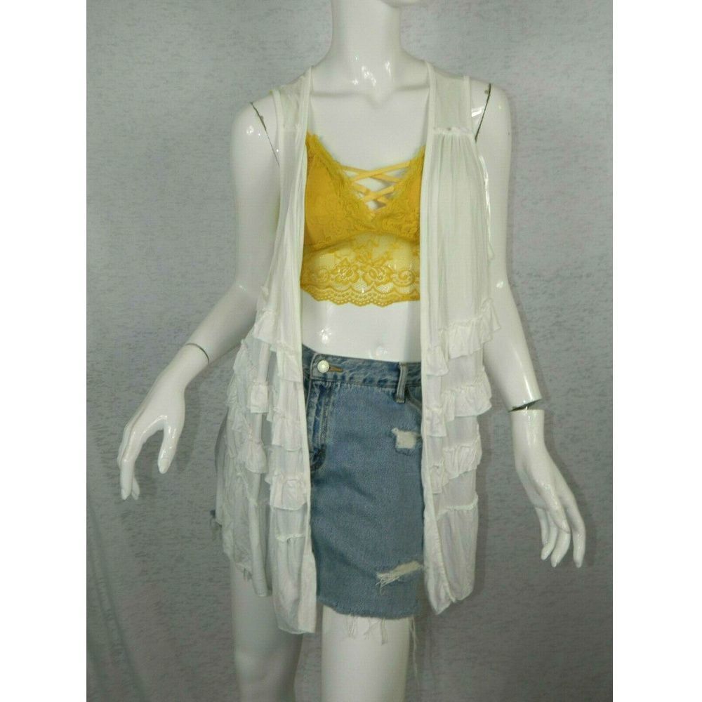 Pol Clothing Cardigan WhiteâOpen Front Sleeveless Ruffleâ Cotton